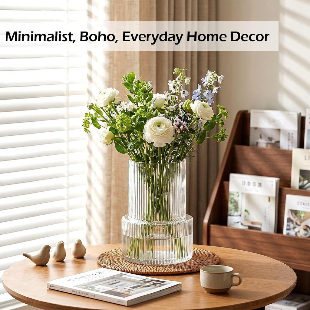 Ribbed Glass Cylinder Vase Set, Clear Modern Centerpiece