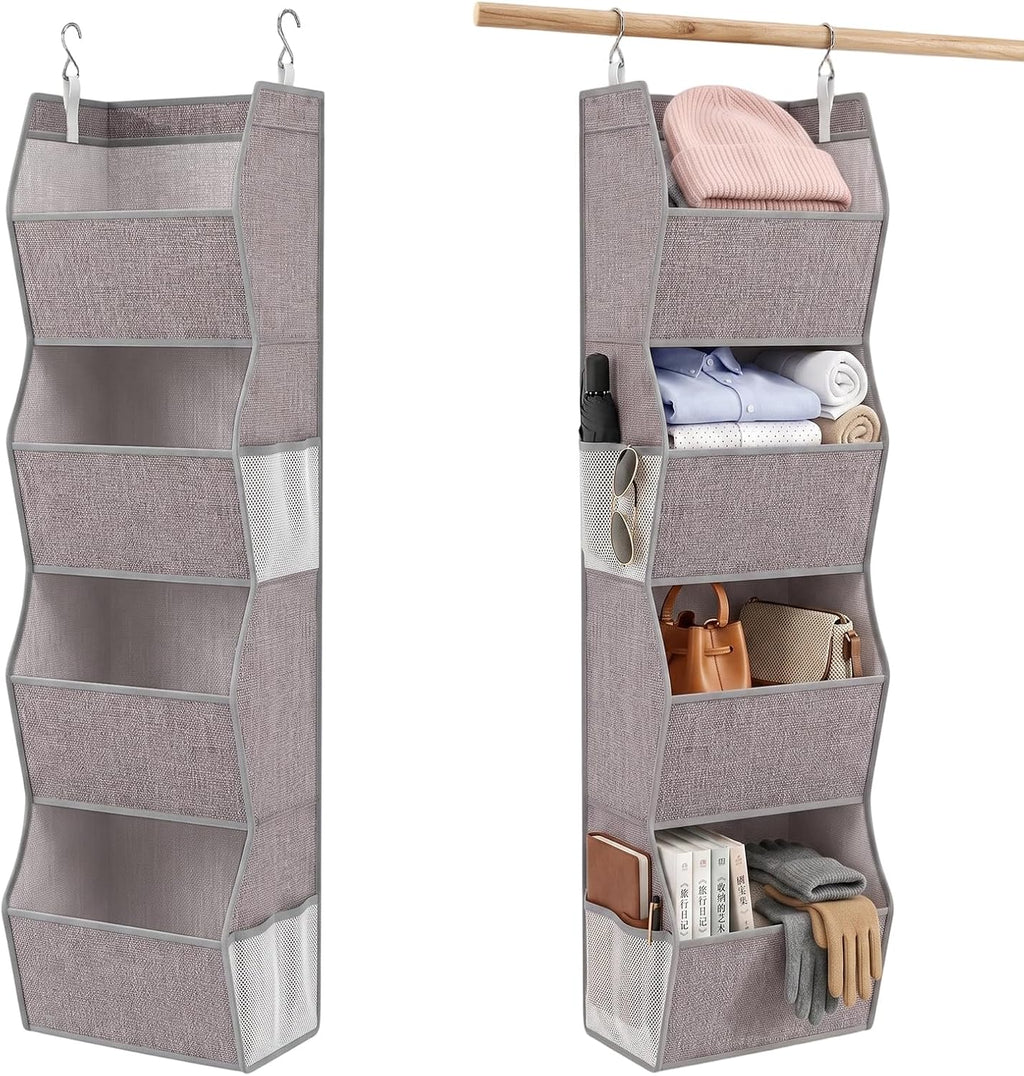 4-Shelf Hanging Closet Organizer, Wide Trapezoid Hanging Shelves with Side Mesh Pockets, Space-Saving Closet Storage Collapsible Fabric Storage Bins for Wardrobe, Heather Grey