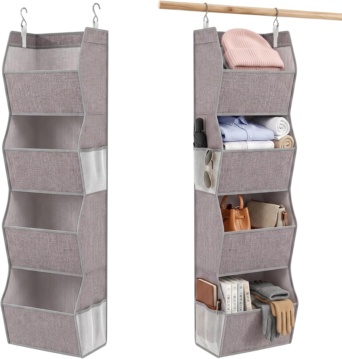 4-Shelf Hanging Closet Organizer, Wide Trapezoid Hanging Shelves with Side Mesh Pockets, Space-Saving Closet Storage Collapsible Fabric Storage Bins for Wardrobe, Heather Grey