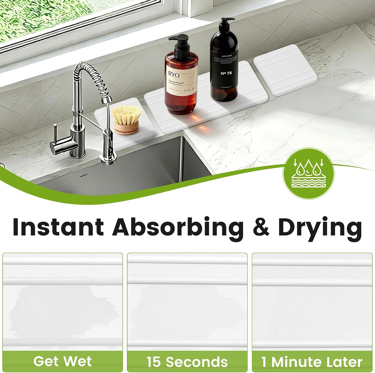 3PCS Diatomite Water Absorbing Stone Tray for Sink, Fast Drying Stone Drying Tray, Faucet Mat for Kitchen Sink and Counter, Bathroom Trays, Holders & Vanity Organizers White-Multi-Oval-8.3"x 4"+4"x 4"