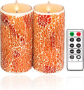Glass Flameless Pillar Candles Flickering with Remote Timer, Battery Operated LED 3D Moving Flame Real Wax Candles,Remote Included (Crimson Orange Cracked Glass)