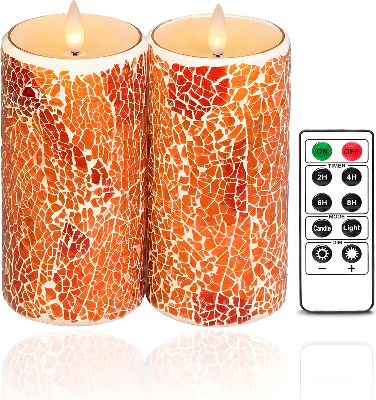 Glass Flameless Pillar Candles Flickering with Remote Timer, Battery Operated LED 3D Moving Flame Real Wax Candles,Remote Included (Crimson Orange Cracked Glass)
