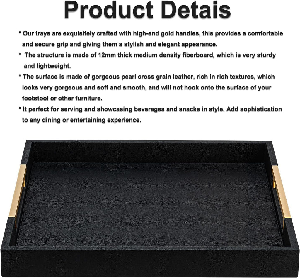 Black Faux Leather Decorative Serving Tray with Handles – Large Square for Coffee Table, Ottoman, Living Room & Bathroom Home Decor