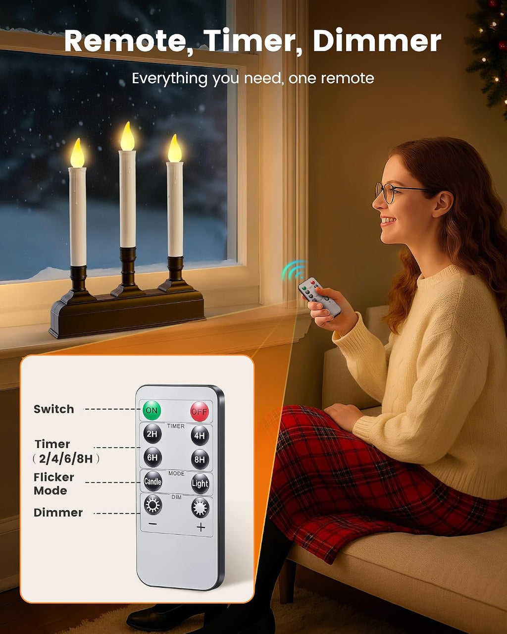 SURAIELEC Christmas Battery Window Candles, Remote 3-Light Candolier Window Candle, Flameless 3000K LED Candles, 1.9" Narrow Base, Chritmas Window Candle for Window, Mantel, Dinning Table, 1-Pack