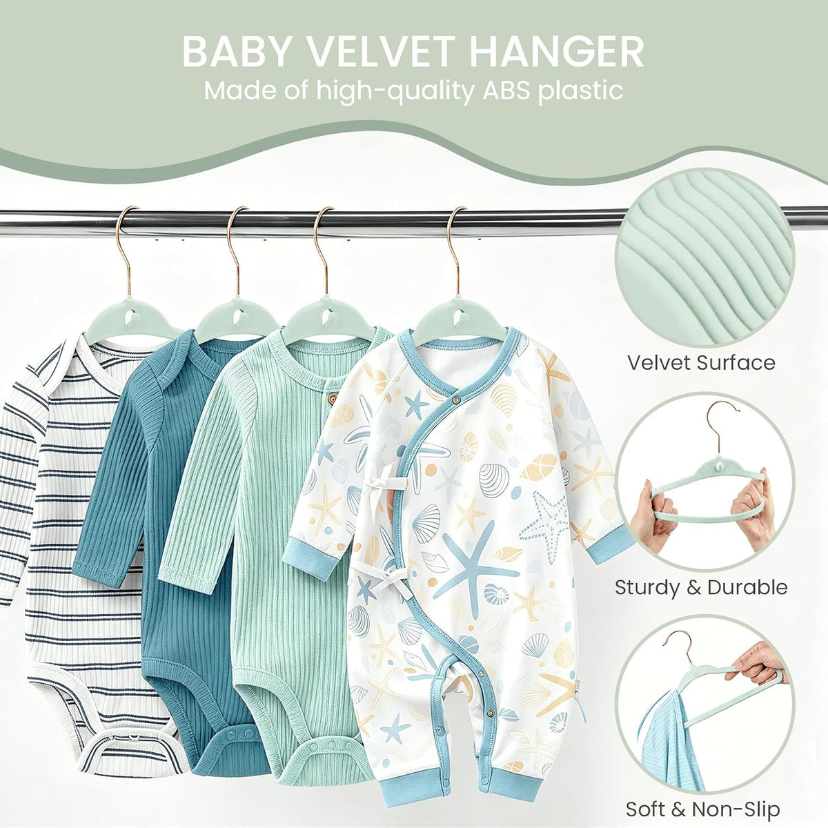 Baby Hangers, Newborn Hangers with Clips, 11 Inch, Green, 50 Pack