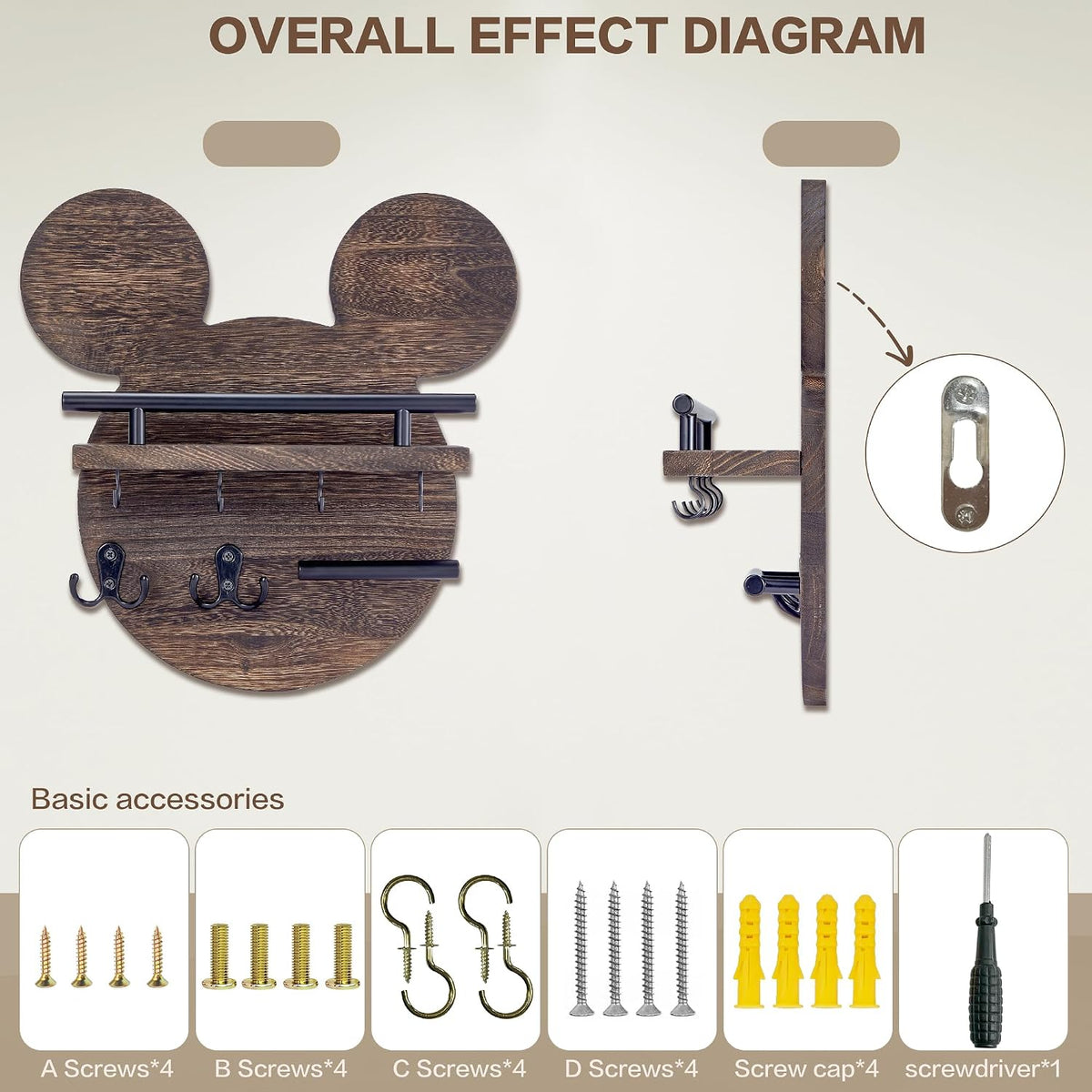 AIRPOP Key Holder for Wall–Mouse Wooden Mail Organizer Wall Mount with Shelf and 6 Hooks, Easy Installation Key Rack Hanger for Entryway Living Room Home Decor (Brown)