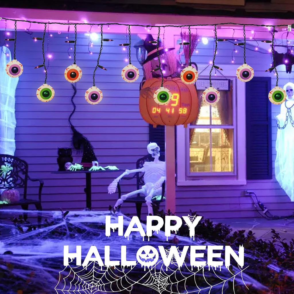 Halloween Eyeball Curtain String Lights Plug in, 7FT Outdoor Halloween Decorations Lights with 10 LED Spooky Eyeball Lights & 15 Mini Purple Bulbs for Window Wall Party Haunted House Patio Decor