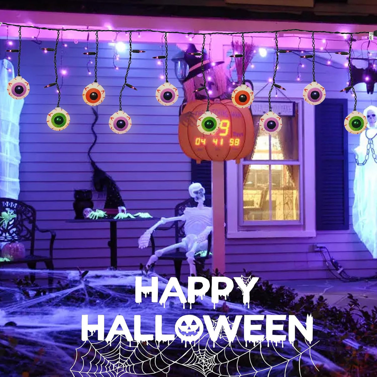 Halloween Eyeball Curtain String Lights Plug in, 7FT Outdoor Halloween Decorations Lights with 10 LED Spooky Eyeball Lights & 15 Mini Purple Bulbs for Window Wall Party Haunted House Patio Decor