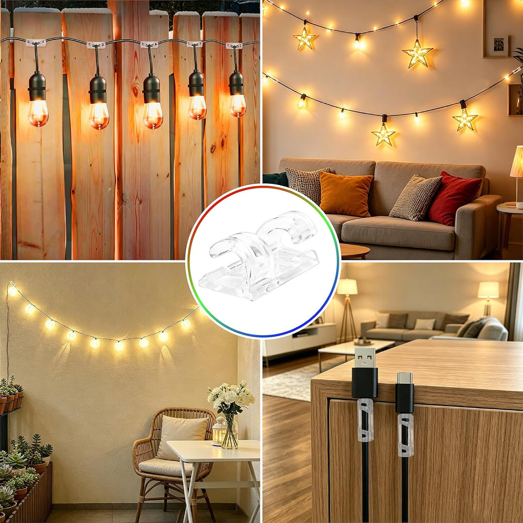 Uxon 50 Pack 1/5 Inch Clear Rope Light Clips with Stainless Steel Screws, Invisible Soft Plastic Mounting Kit with Adhesives Pads for Outdoor Christmas Lights, Cable Clamps for Wire Management