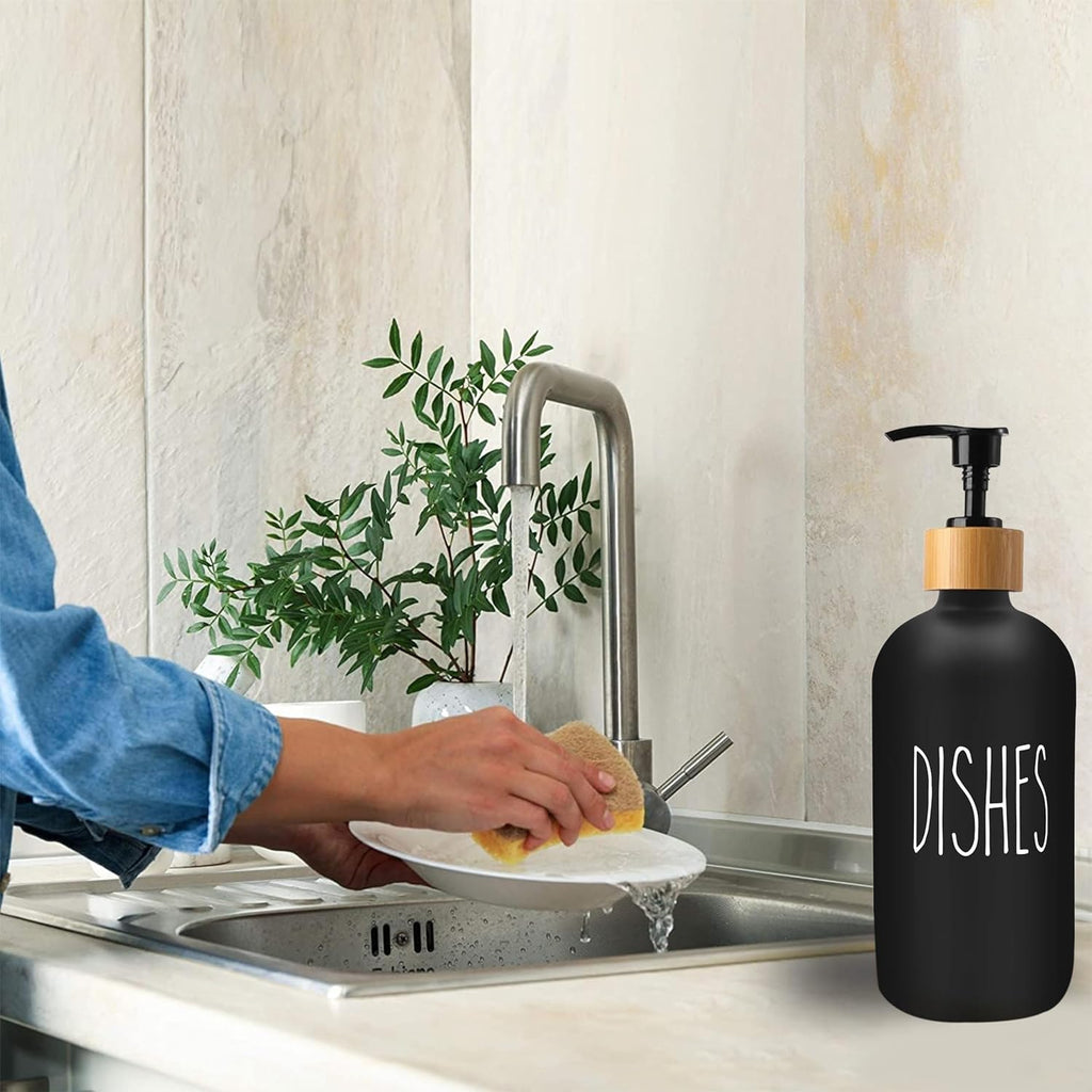 Sunrise Premium White & Black Glass Soap Dispenser-Bamboo Pump & Tray, 2 Pc