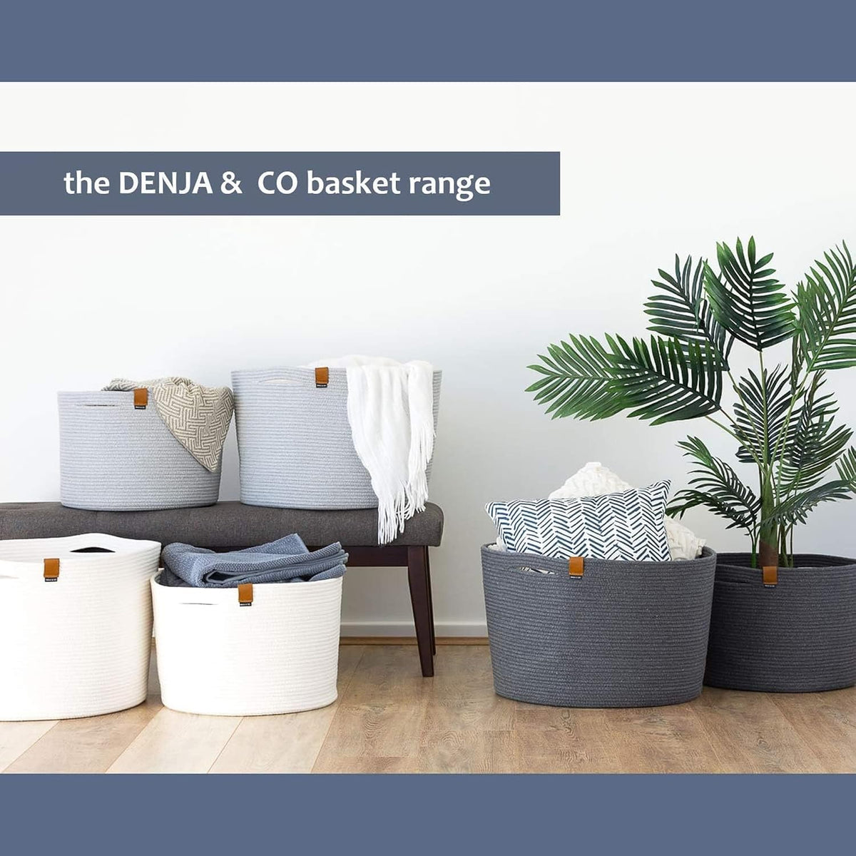 DENJA & CO Extra Large Woven Basket for Storage | Organize Pillows, Toys, and Laundry | Cotton Rope Storage Basket for Blankets, Towels and Nursery Storage | Light Gray (21 inches x 13.8 inches)