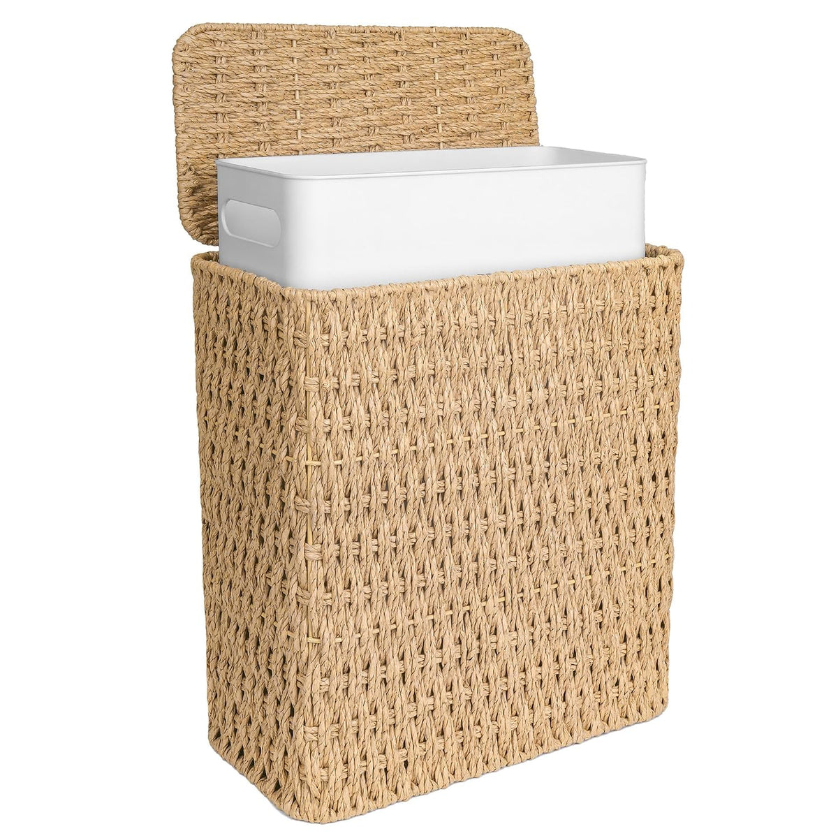 iEGrow Paper Rope Trash Can,Bathroom Trash Can with Lid, 3 Gallon Wicker Waste Basket with Removable Liner, for Bedroom, Living Room, Toilet, Under Sink Natural
