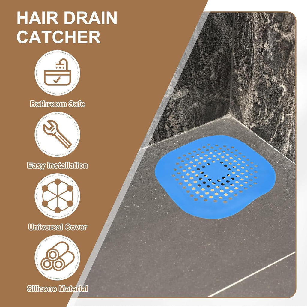 PATIKIL Hair Drain Catcher 5-1/2 Inch, 4 Pcs Silicone Square Drain Protector Hair Stopper with Suction Cup for Kitchen Bathroom Balcony Landscaped Walkways Patios, Blue