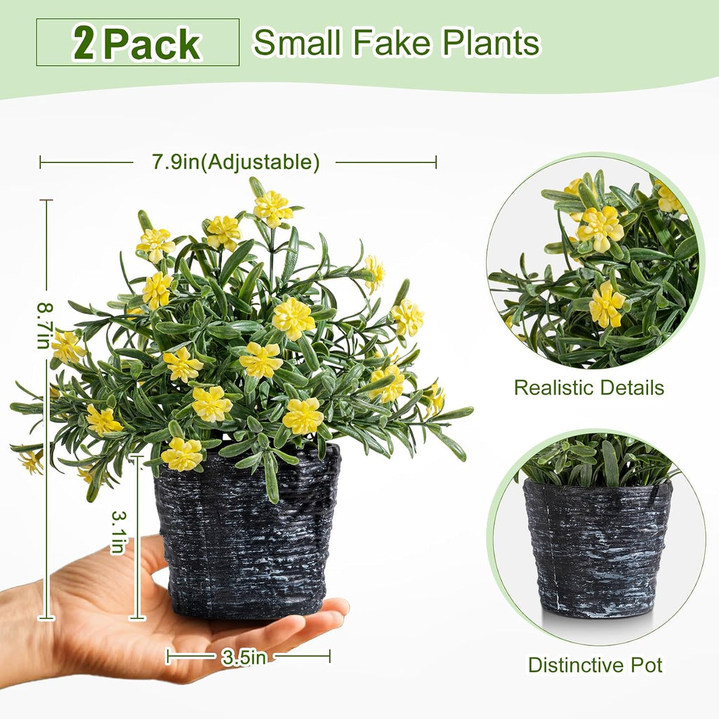 Small Fake Plants Set of 2, Mini Artificial Potted Plants with Flowers
