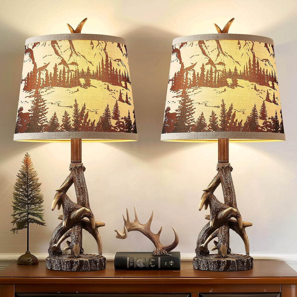 23'' Rustic Deer Antler Table Lamps Set of 2 for Log Cabin Bedroom Nightstand Western Country Side Lamp for Living Room End Table Study Room Desk, Brown, Forest Print Shade