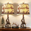 23'' Rustic Deer Antler Table Lamps Set of 2 for Log Cabin Bedroom Nightstand Western Country Side Lamp for Living Room End Table Study Room Desk, Brown, Forest Print Shade