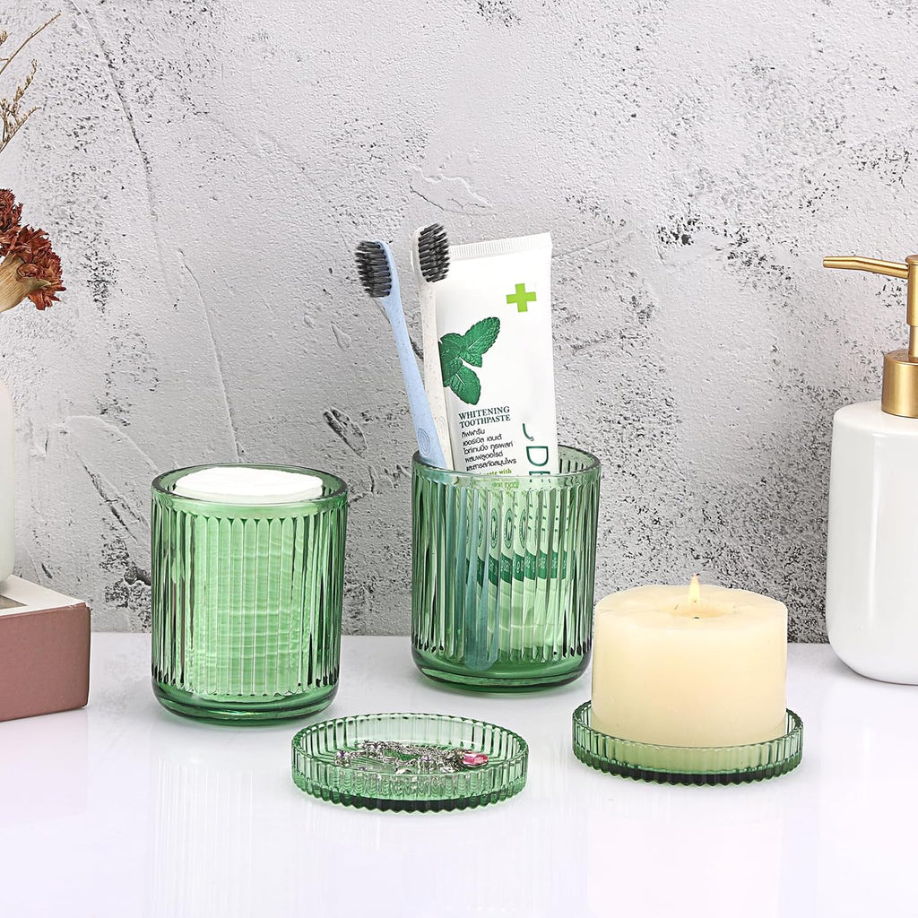 Hipiwe 2 Pcs Qtip Apothecary Jars with Lid Green Glass Bathroom Dispenser