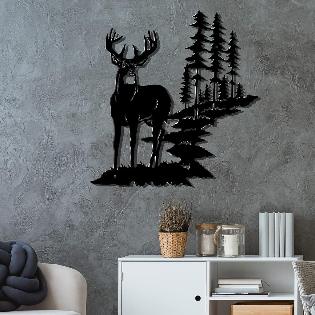 Moxweyeni Metal Deer Wall Art Forest Trees Rustic Hunting,Black