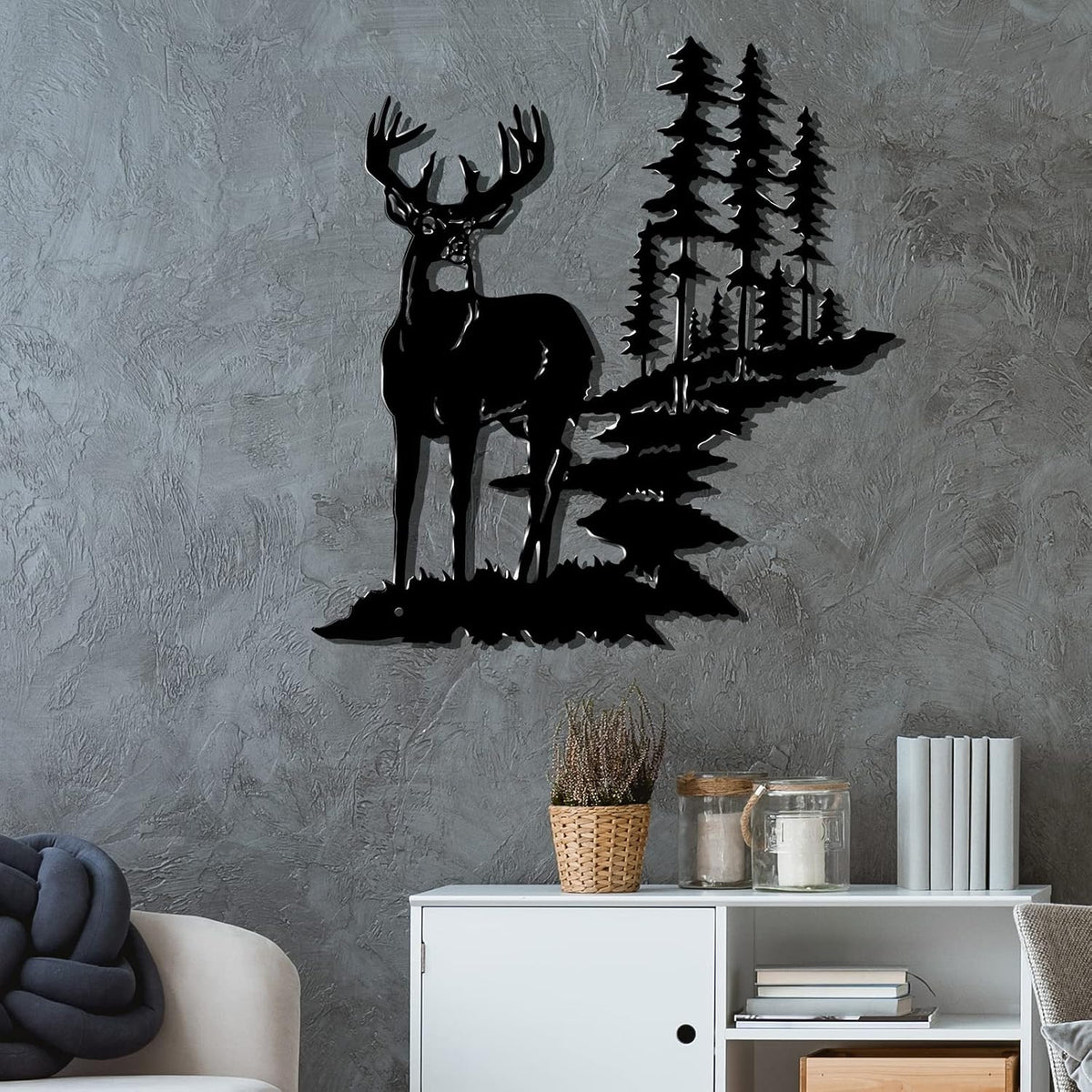 Moxweyeni Metal Deer Wall Art Forest Trees Rustic Hunting,Black