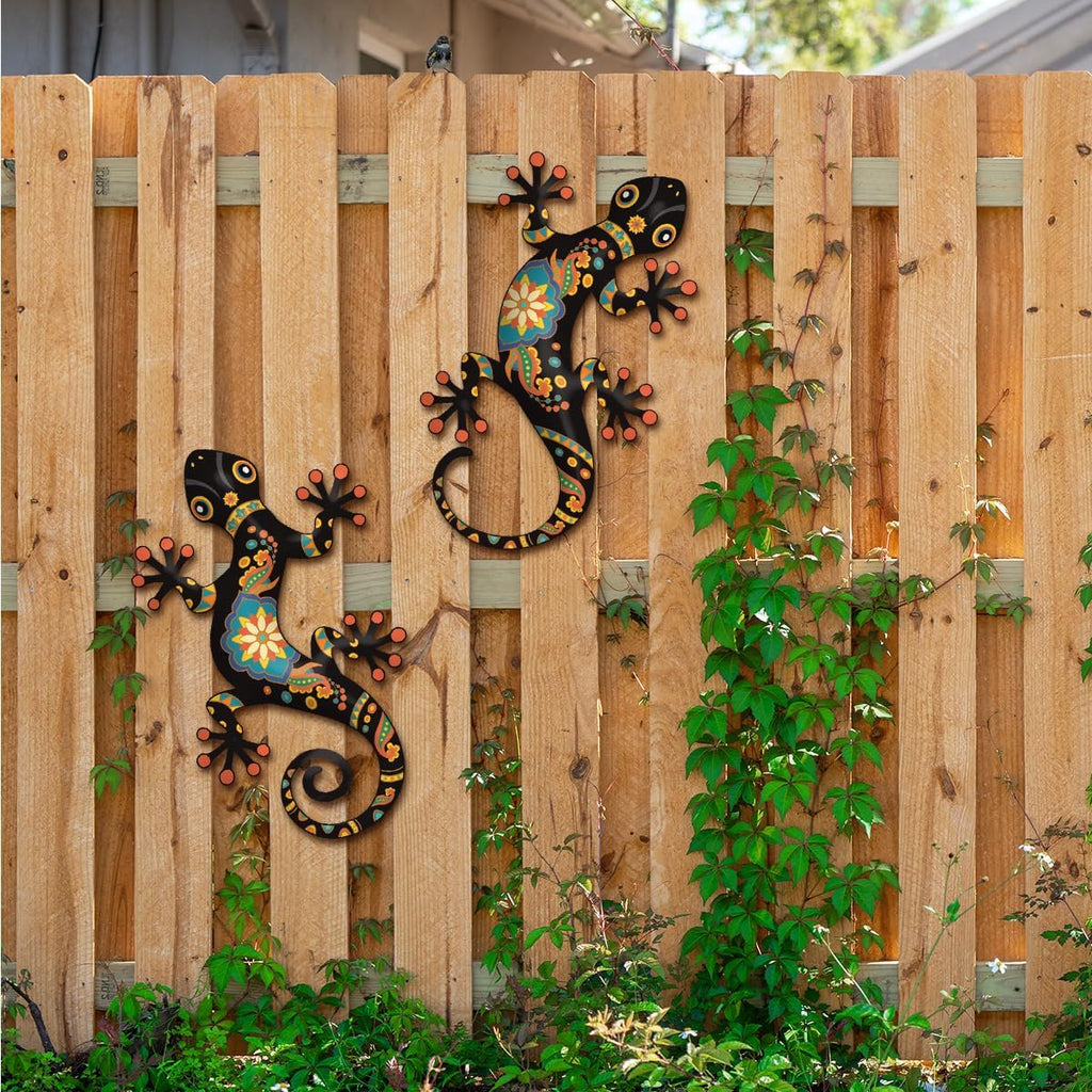Metal Gecko Outdoor Decor -2 Pack Metal Gecko Wall Art Hanging Sculpture Decoration for Indoor or Outside, Garden Yard Fence Porch Wall Decorations