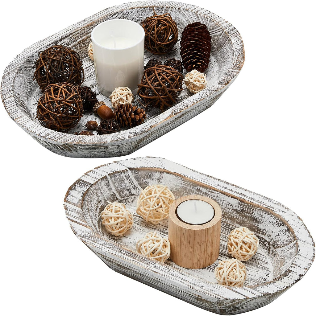 2 Pcs Wooden Dough Bowl, 10 x 6 x 2 Inch, 14 x 10 x 2 Inch, White