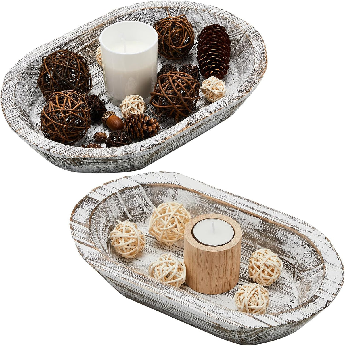 2 Pcs Wooden Dough Bowl, 10 x 6 x 2 Inch, 14 x 10 x 2 Inch, White