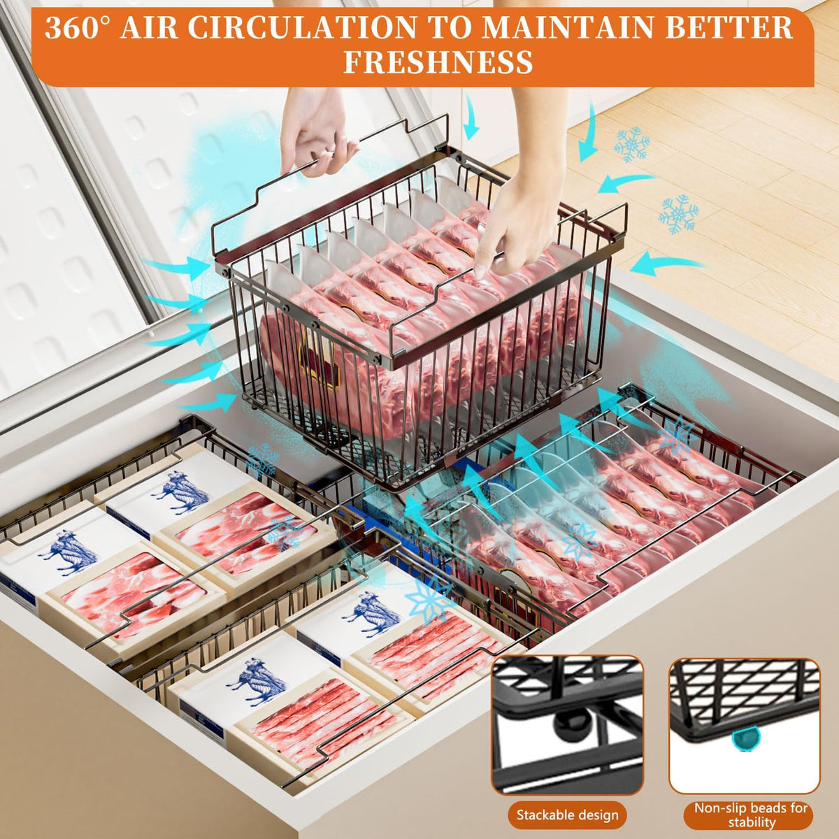 Large Freezer Organizer Bins for 5 to 9 Cu.Ft,Leak-Proof Bottom，3 Pack