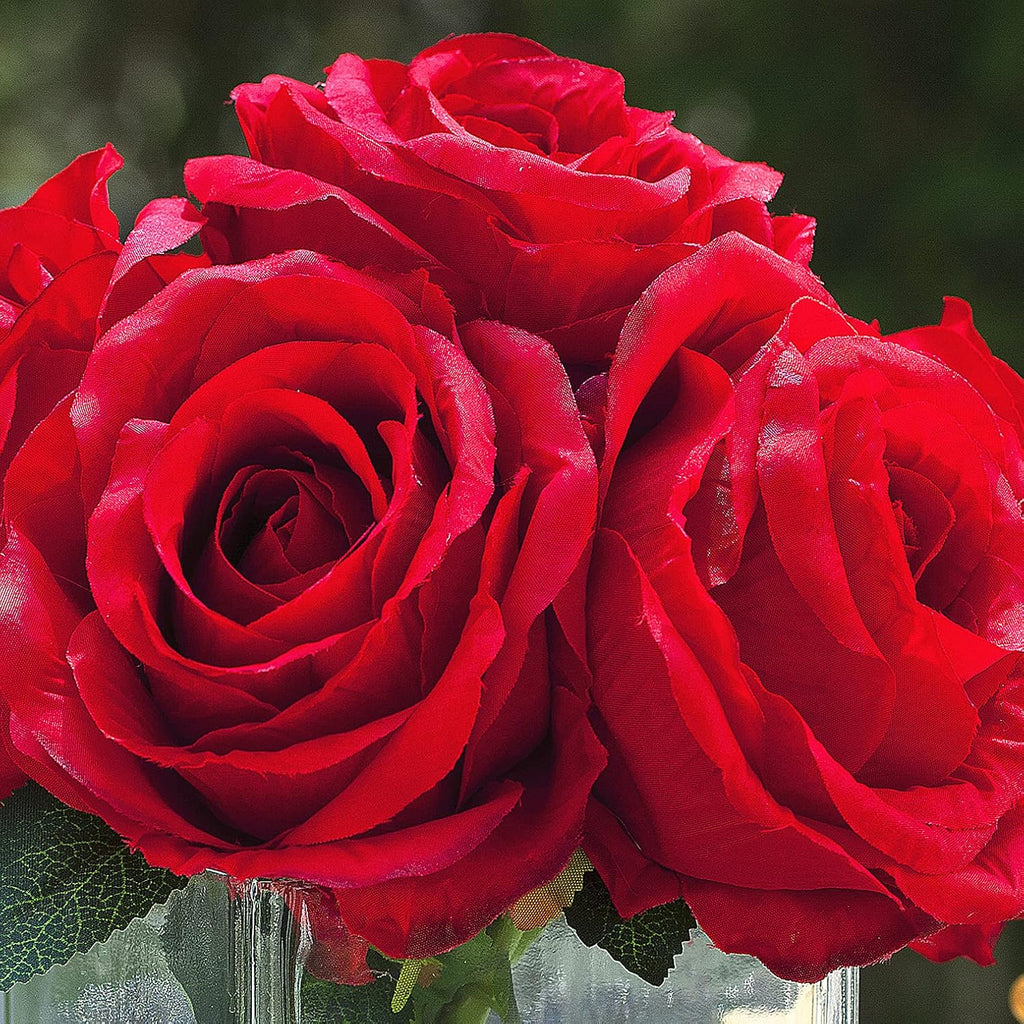 Enova Floral 7 Large Stems Artificial Silk Roses Fake Flowers Arrangement in Cube Glass Vase with Faux Water for Home Office Wedding Decoration (Red)