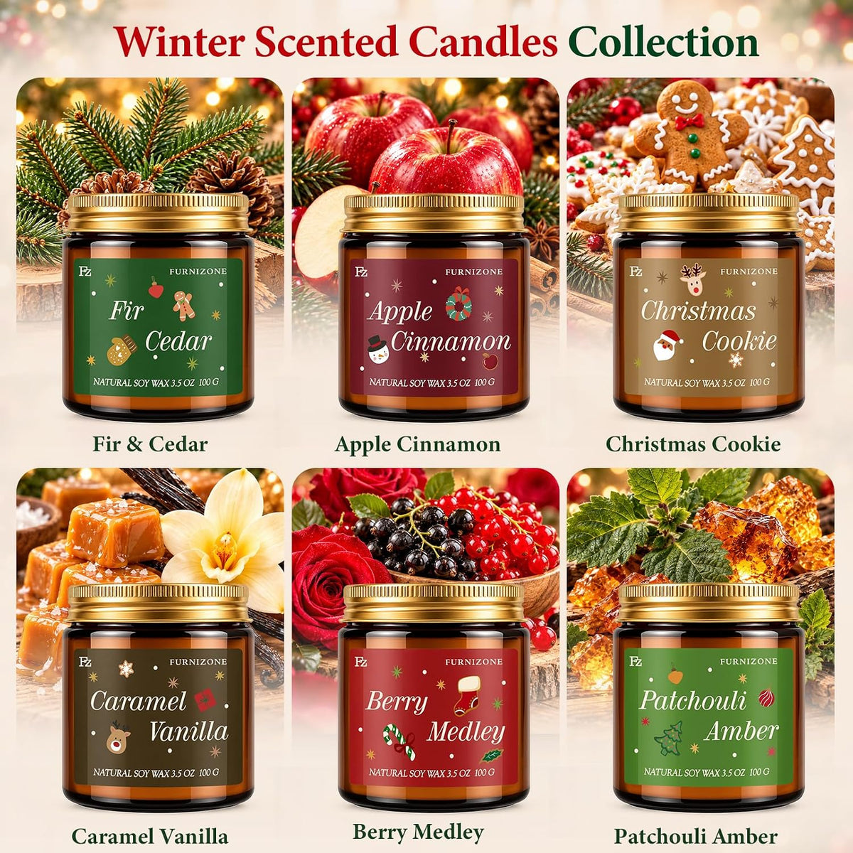 Christmas Candles Gift Set, Winter Candle for Home Scented, Natural Soy Wax