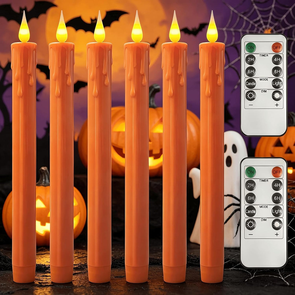Flameless Taper Candles -10 inch 6 Pack Orange Candle Sticks with 3D Flickering Effect & 10-Key Remote, Realistic Battery Operated Candlesticks for Christmas Decor, Weddings, Halloween, Home Decor
