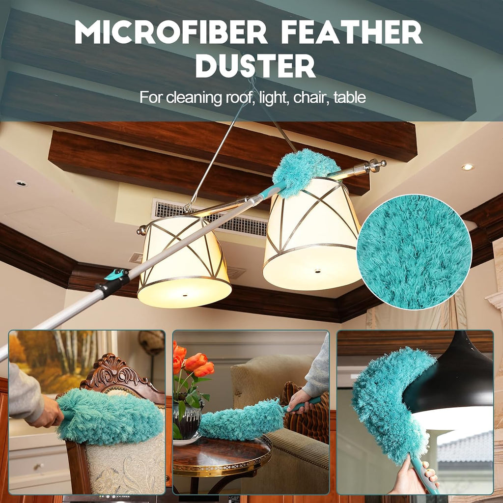 TelesPro 30 Foot High-Reach Duster Kit with 6-24FT Extendable Pole - High Ceiling Duster Cleaning Kit with Telescopic Pole,Cobweb Duster, Chenille Ceiling Fan Duster, Microfiber Feather Duster