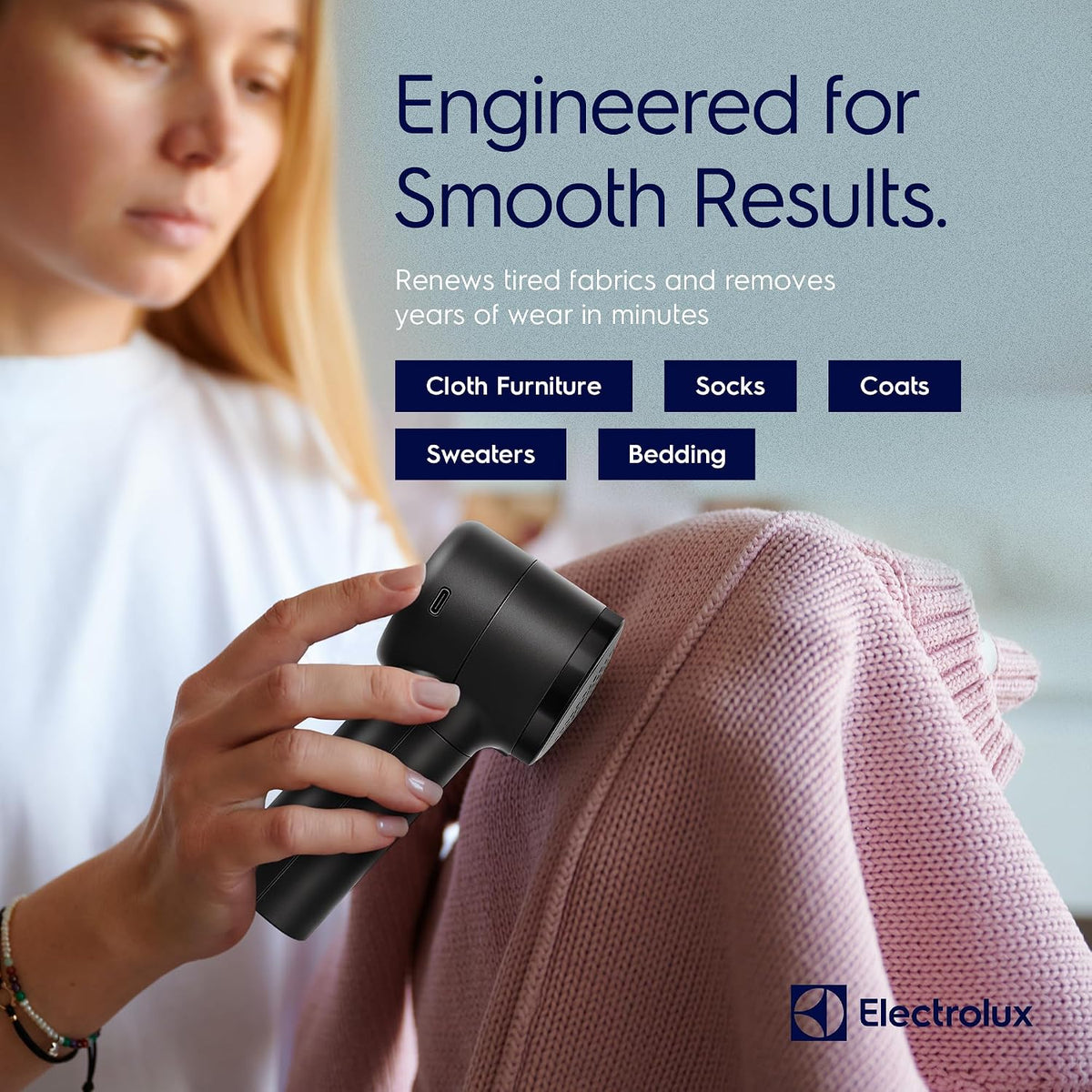 Electrolux Rechargeable Fabric Shaver | Compact Travel Lint Remover for Clothes & Furniture | Eliminates Fuzz & Pilling | 3-Speed Electric Lint Shaver with Type-C Fast Charging Port - Black