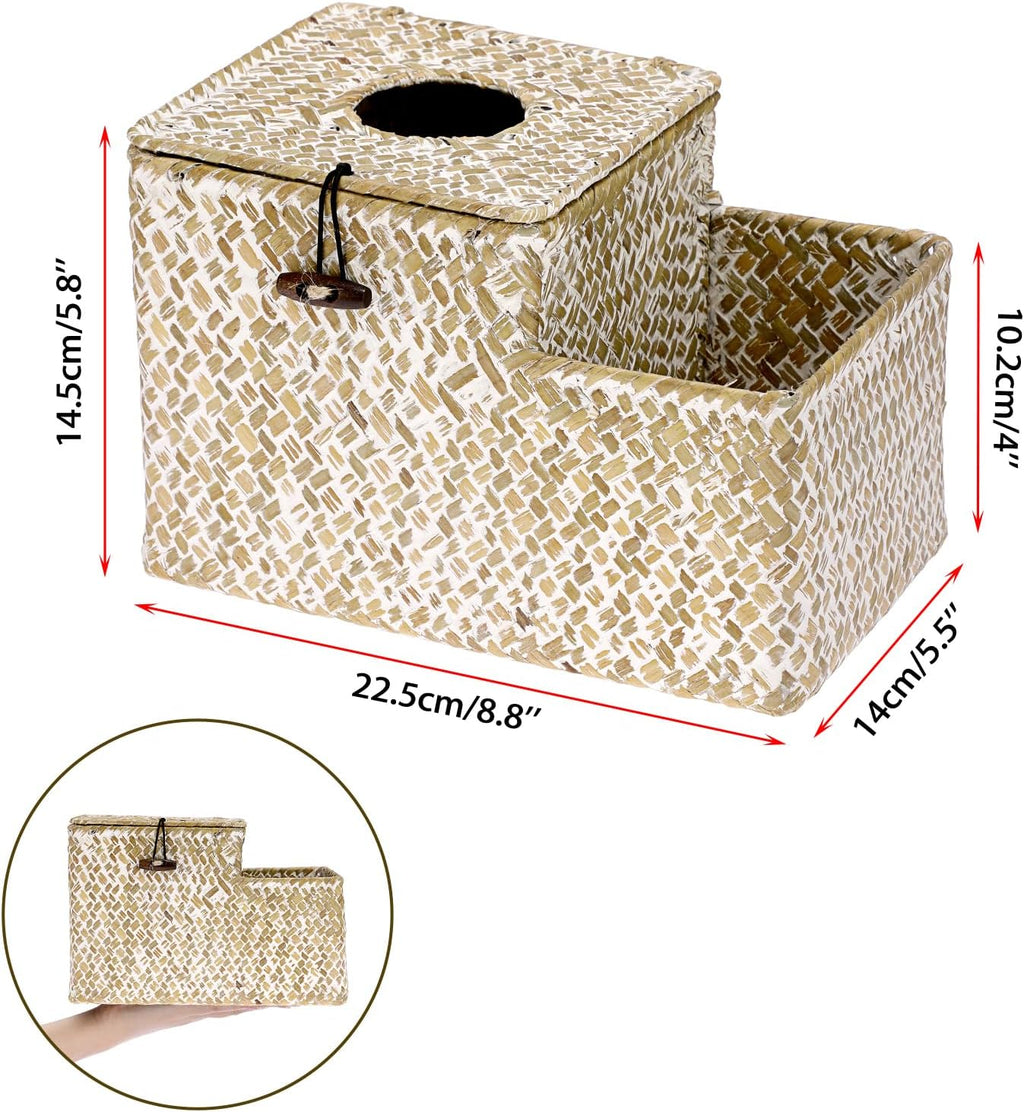 Sumnacon Tissue Box Cover Square Tissue Box Woven Seagrass Tissue Box Holder with Side Organizer, Rustic Tissue Holder for Living Room Bathroom Bedroom Kitchen Office Table Desk, White