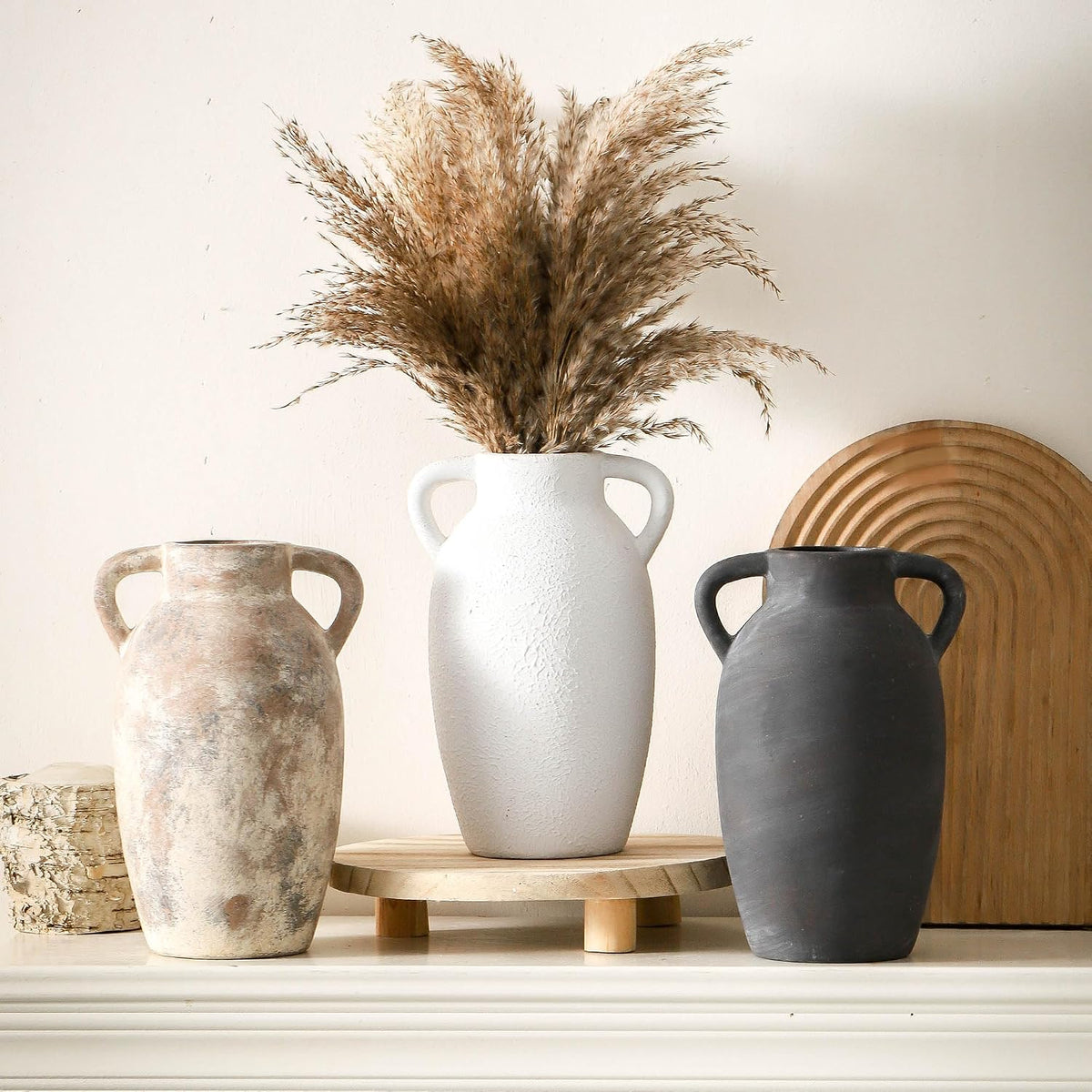 Ceramic Farmhouse Vase with 2 Handles, Boho Decorative Flower Vase for Home Decor, Living Room, Entryway, Table, Shelf Decor, 9.6 Inch