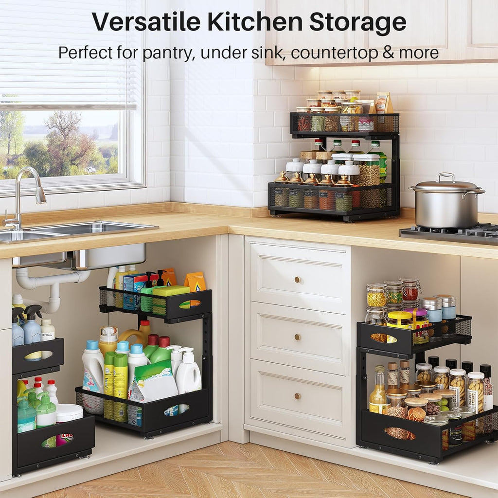 Under Sink Organizer, 2 Tier Pull Out Under Cabinet Organizer Shelf with Pad for Framed Cabinets, Metal Slide Out Under Sink Storage, Mesh Sliding Drawers for Kitchen Bathroom Laundry(Black, 1 Pack)