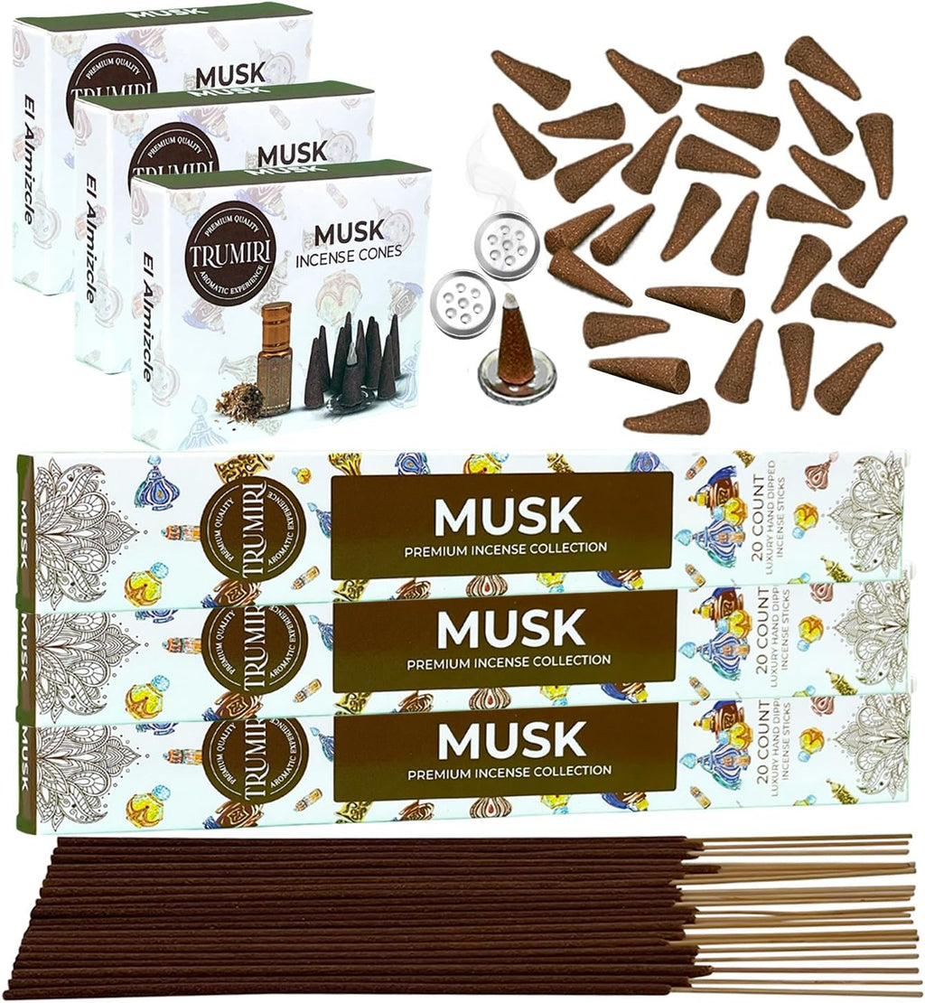 Musk Incense Sticks & Incense Cones Combo Pack - 60 Insence-Sticks + 30 Insence Cones - Inscense - Incense Cones Scented - Insents