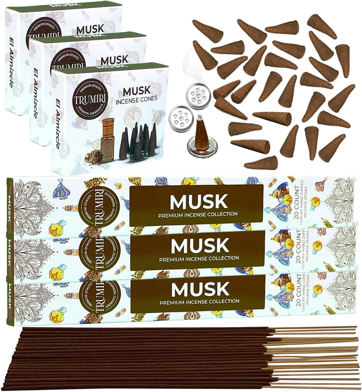 Musk Incense Sticks & Incense Cones Combo Pack - 60 Insence-Sticks + 30 Insence Cones - Inscense - Incense Cones Scented - Insents