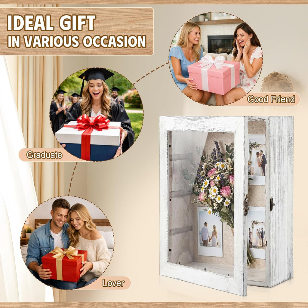 Gerrii Shadow Box Display Case 11 x 13 - Deep 5 Inch Wooden Picture Frame with Linen Back, Removable Shelves, Wooden Memory Case for Wedding Bouquets, Photos, Medals & Keepsakes, White