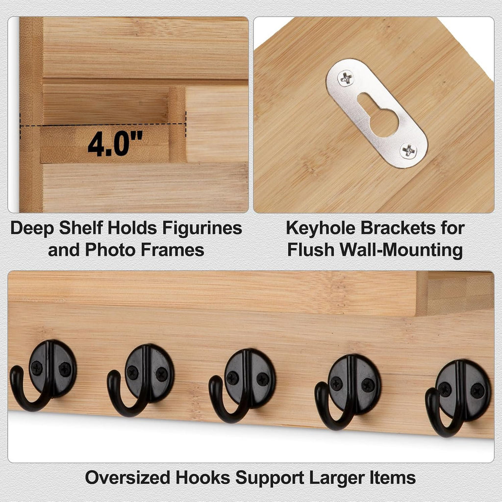 Lwenki Key Holder Wall Mount, Entryway Key and Mail Holder with 7 Sturdy Hooks for Sunglasses, Dog Leash, Decorative Wall Shelf with Mounting Hardware, 15”W x 6.7”H x 4.2”D (Wood)