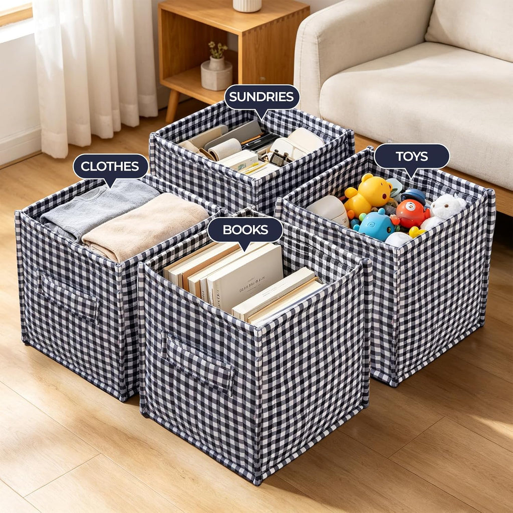 vctops Black Gingham Storage Cubes Organizer, 11.4 Inch 3 Pack Collapsible Fabric Storage Bins with Handles for Organization, Closet, Shelves, Offices, Toys (Black,11.4"x11.4"x11.4")