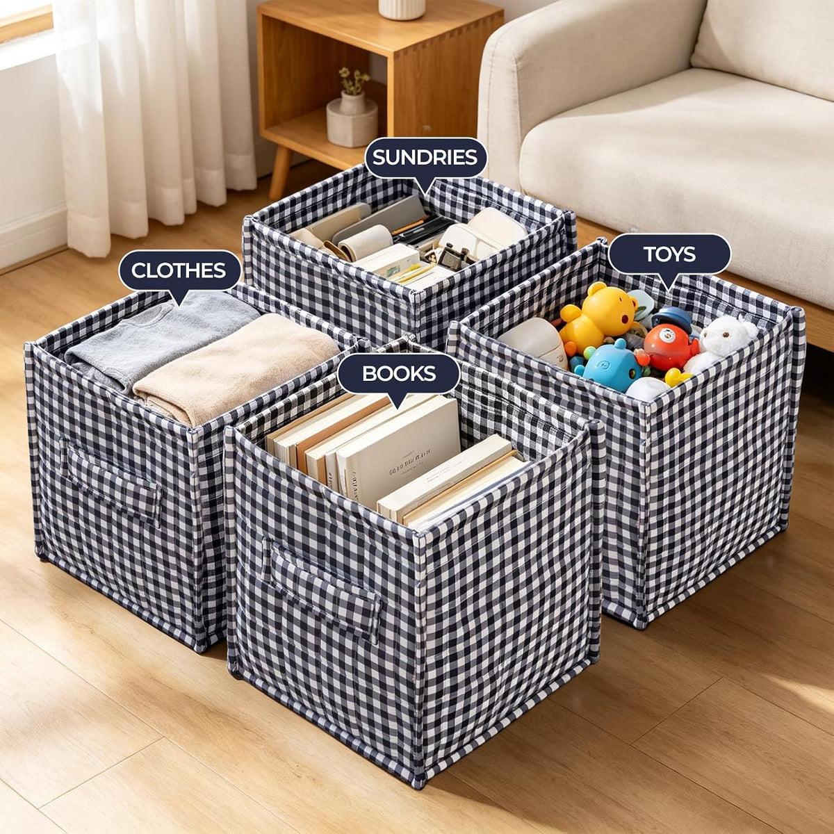 vctops Black Gingham Storage Cubes Organizer, 11.4 Inch 3 Pack Collapsible Fabric Storage Bins with Handles for Organization, Closet, Shelves, Offices, Toys (Black,11.4"x11.4"x11.4")