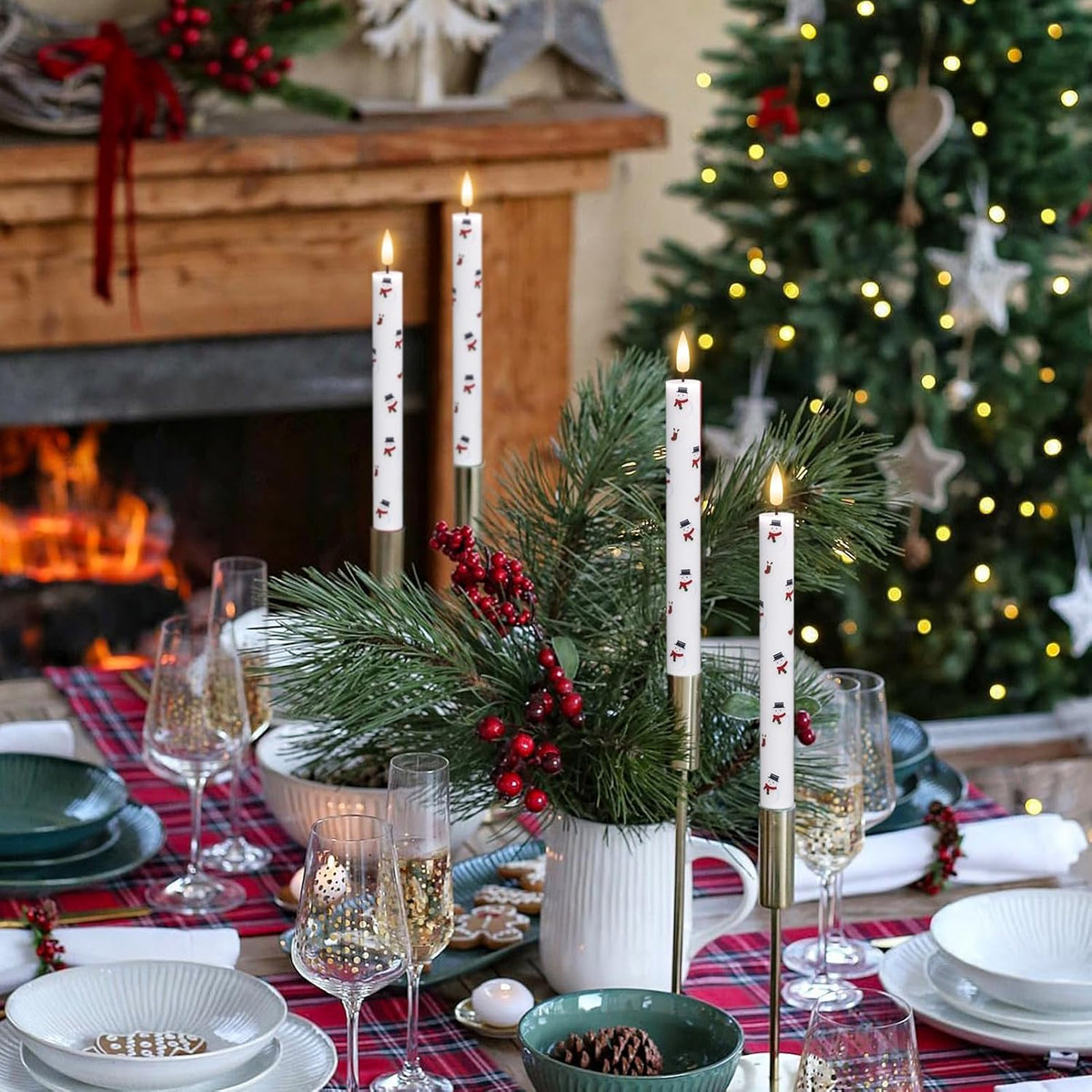 GenSwin Christmas Taper Candles with Snowman Decals, 4 Pack LED Taper Candles with Timer, Real Wax Flickering LED Flickering Flameless Candlesticks with Christmas Prints for Home Decor(0.78” x 9.6”)