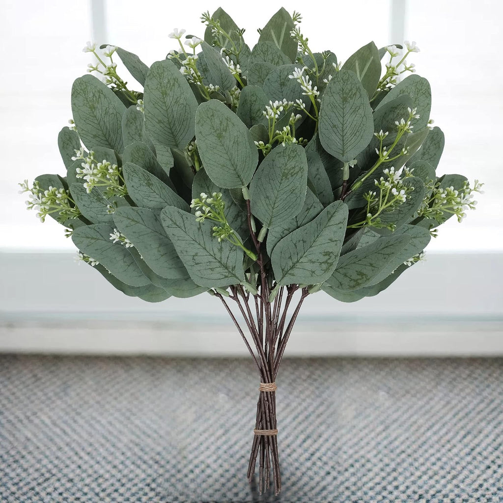 20 Pcs Eucalyptus Leaves Stems Bulk Artificial Greenery Stems Faux Seeded Eucalyptus Leaves Branches for Vase Bouquets Floral Arrangement Wreath Wedding Greenery Decoration