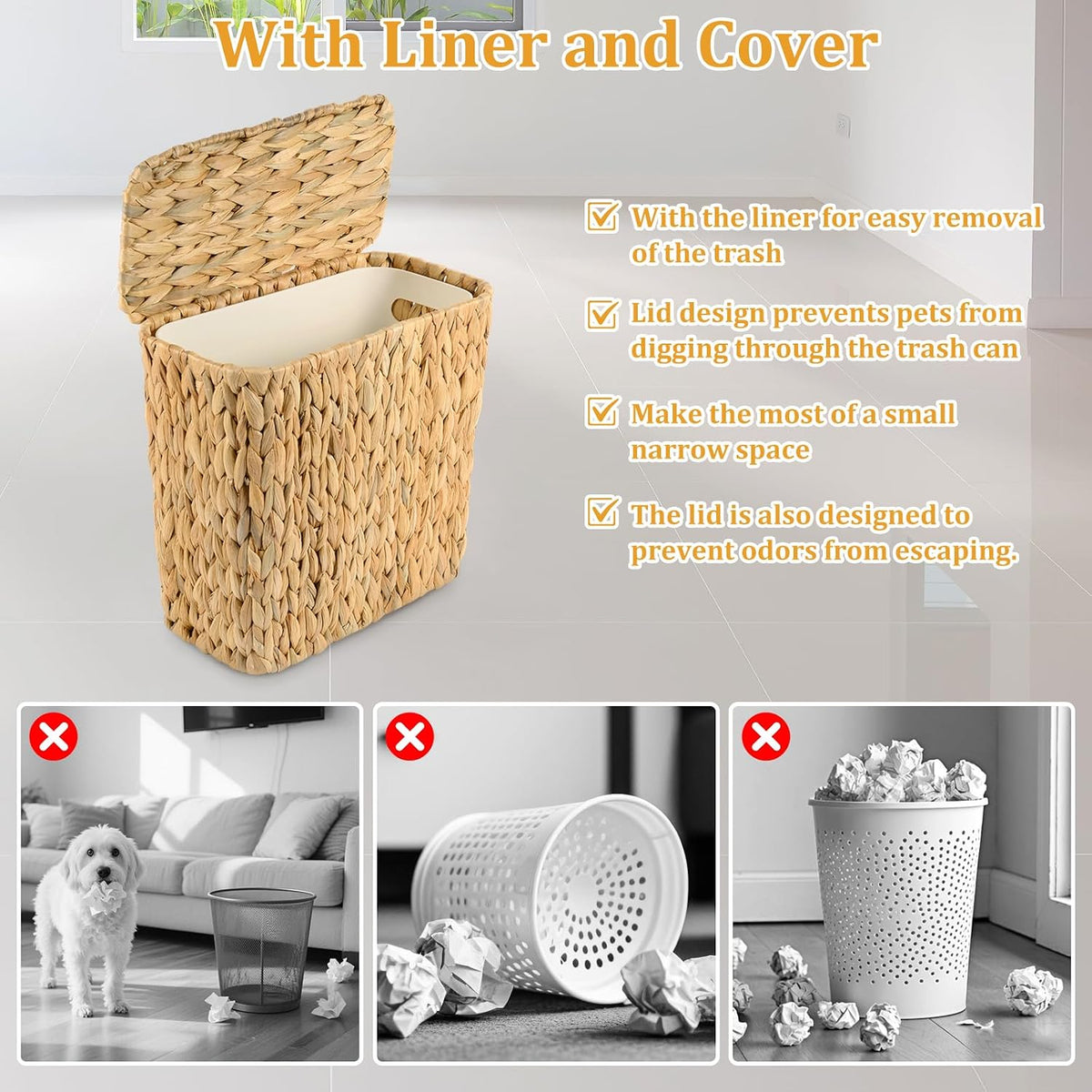 Wicker Trash Can with Lid and Liner, Handwoven Wicker Waste Basket, Water Hyacinth Bathroom Trash Can, Boho Rattan Garbage Wastebasket for Bedroom Home Living Room Office Kitchen, 2.5 Gallon