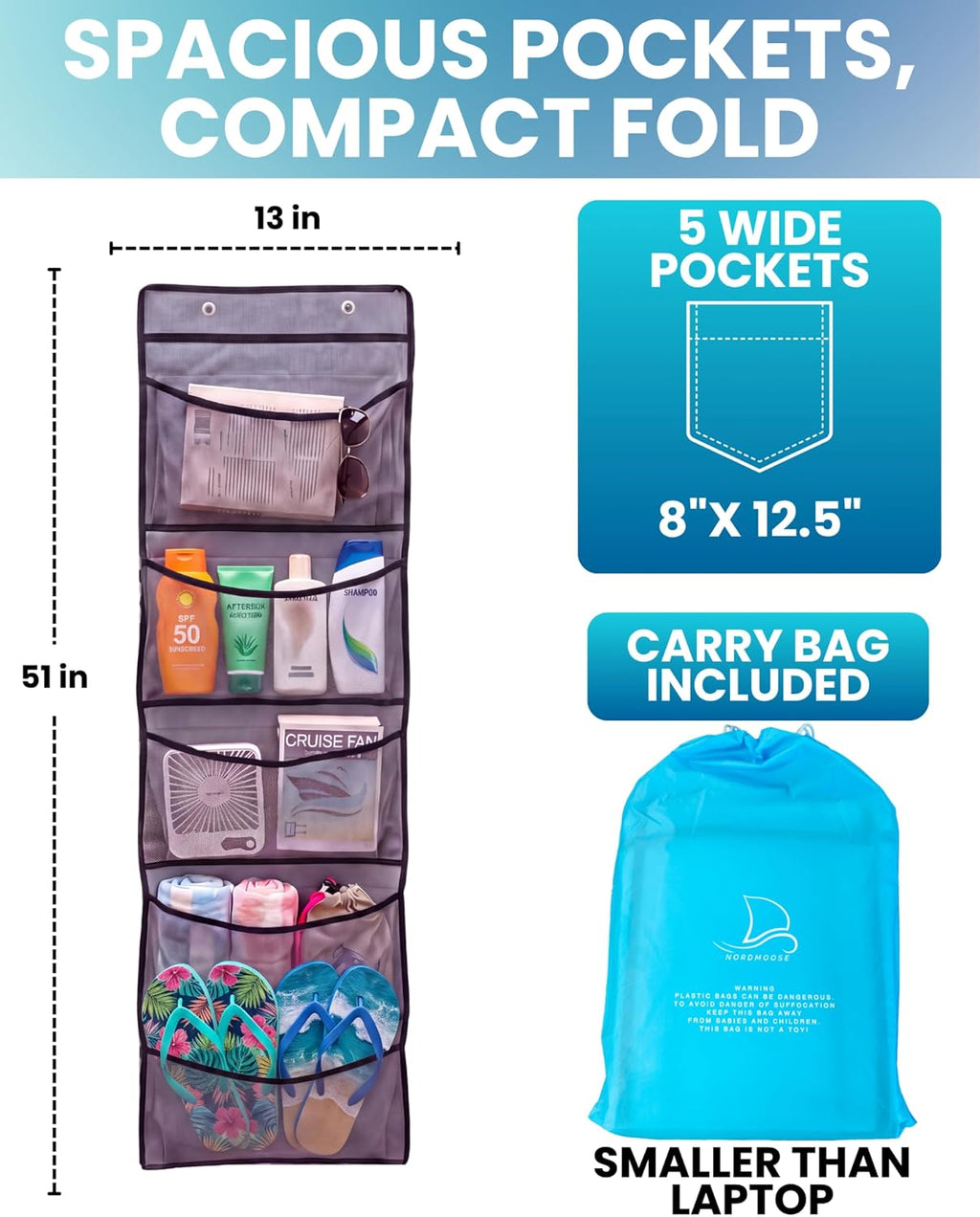 Magnetic Cruise Organizer 5 Pockets, 51" x 13" With Pocket Size 8" x 12,5" - Over The Door Organizer For Cruise Ships, Magnetic + Hook Mount, Large Durable Pockets for Cruise Essentials 2027