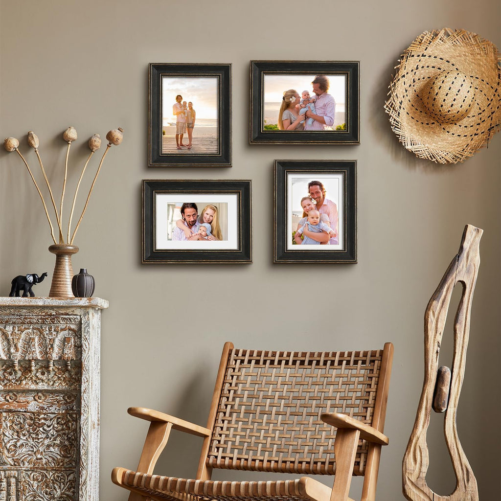 Black 5x7 Picture Frames, Set of 4, Vintage Style, with Gold Trim