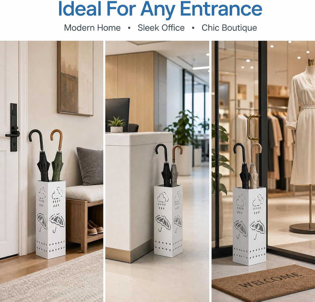 BEWBBAT Metal Umbrella Stand for Entryway, 6 x 6 x 17 Inch White Square Umbrella Organizer Bin, Free Standing Umbrella Holder,Walking Sticks, Home Office Decor