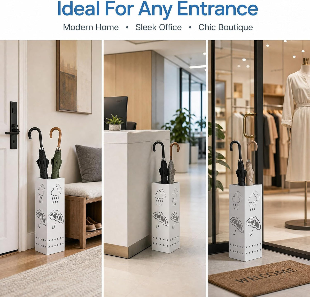 BEWBBAT Metal Umbrella Stand for Entryway, 6 x 6 x 17 Inch White Square Umbrella Organizer Bin, Free Standing Umbrella Holder,Walking Sticks, Home Office Decor