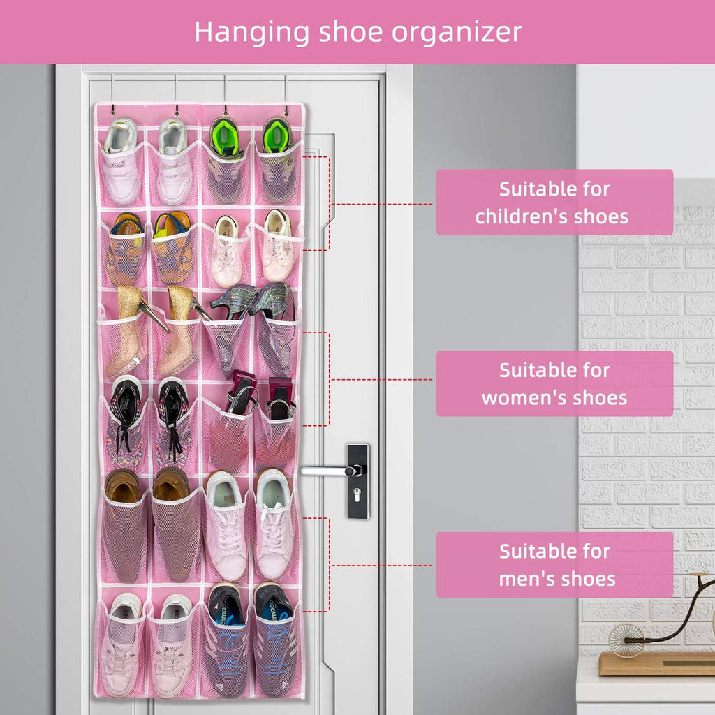 SAVERHO 2 Pack Hanging Shoe Organizer, Over Door Shoe Organizer with 24 Mesh Large Pockets Shoe Storage Bag for Closet Entryway Dorm, Space Saving Hanging Door Shoe Rack Organizer (Pink-2pack)