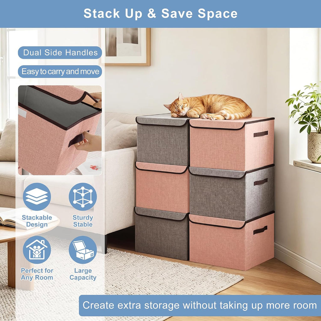 Bagnizer Linen Fabric Foldable Storage Cube Bin Organizer Basket with Flip-Top Lid & Handles, Large Clothes Blanket Box for Home, Office, Closet, Gray & Pink, 4 Pack 14.6 x 9.5 x 9.5”
